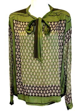 Cafe Noir Green Geometric Print Tie-Neck Blouse Size M Made in Italy